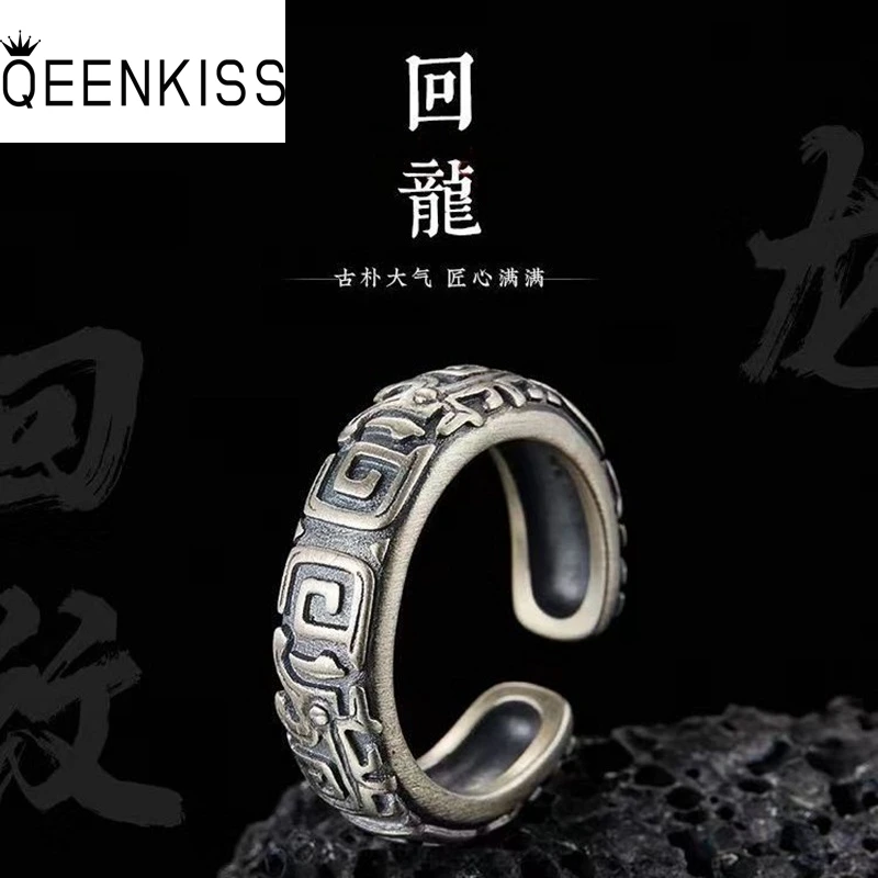 

QEENKISS 925 Sterling Silver Ring for Men Vintage Adjustable Ring Fine Jewelry Wedding Party Groom Father Boyfriend Gift RG6960