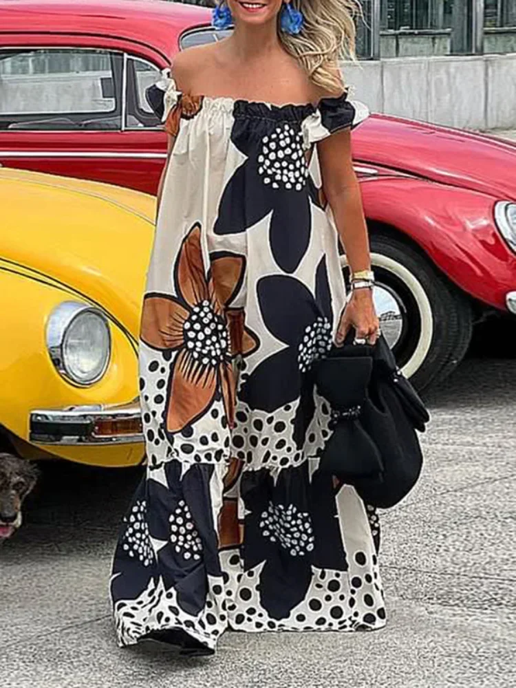 

Yeezzi 2025 New Summer Bohemia Off-The-Shoulder Vacation Dress Loose Short Sleeves Flower Printed Party Maxi Dresses For Women