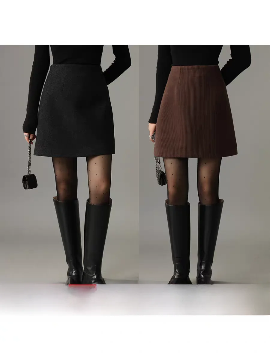 

Slimming High Waist Thiened Wool A-Line ort Skirt Women's Faionable Autumn Winter Warm Inner Lined Casual Sle Skirt