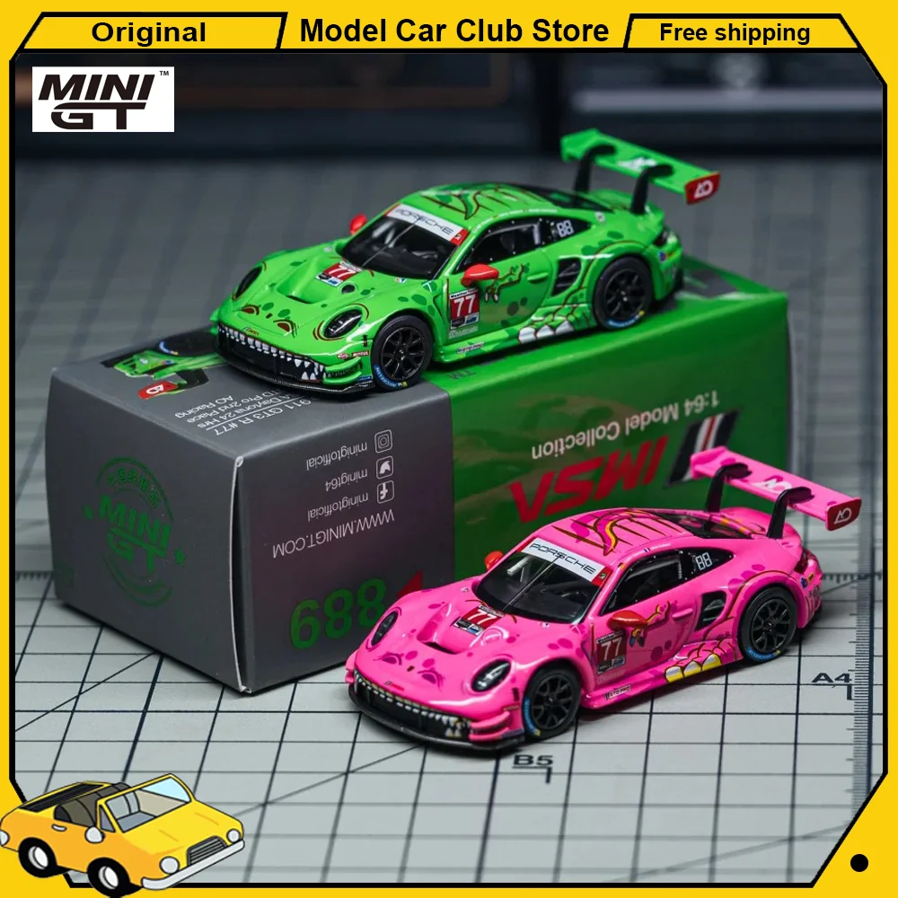 MINIGT 1:64 #889 #1052 Porsche 911 GT3 R Green Pink Dinosaur RACING 2024 IMSA ROAD AMERICA Car Alloy Model Miniature Diecast Toy