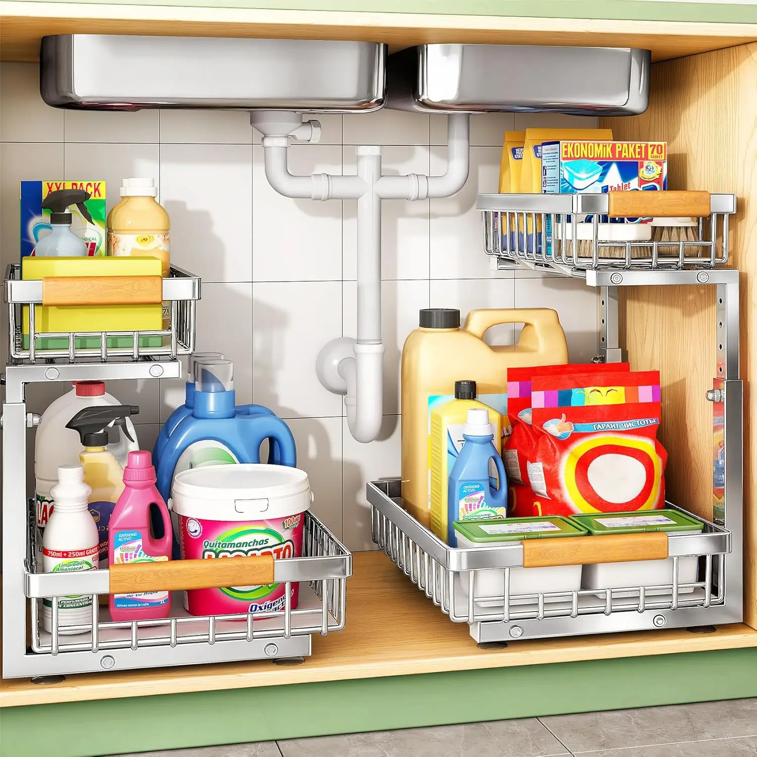 

Under Sink Organizer 2 Pack, Stainless Steel 2 Tier Slide Out Cabinet Shelf for Kitchen Bathroom