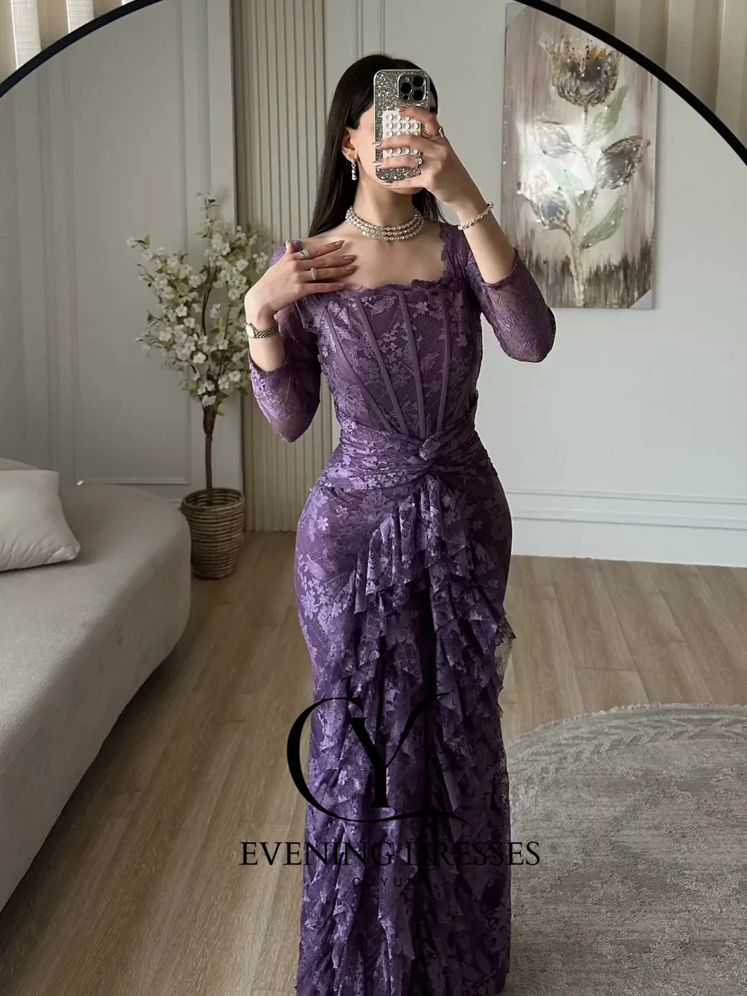 CUYUN パープルレース サウジアラビア風イブニングドレス スクエアカラー 長袖 フリル付き シースドレス パーティードレス フォーマルイベント用 カスタムメイドドレス