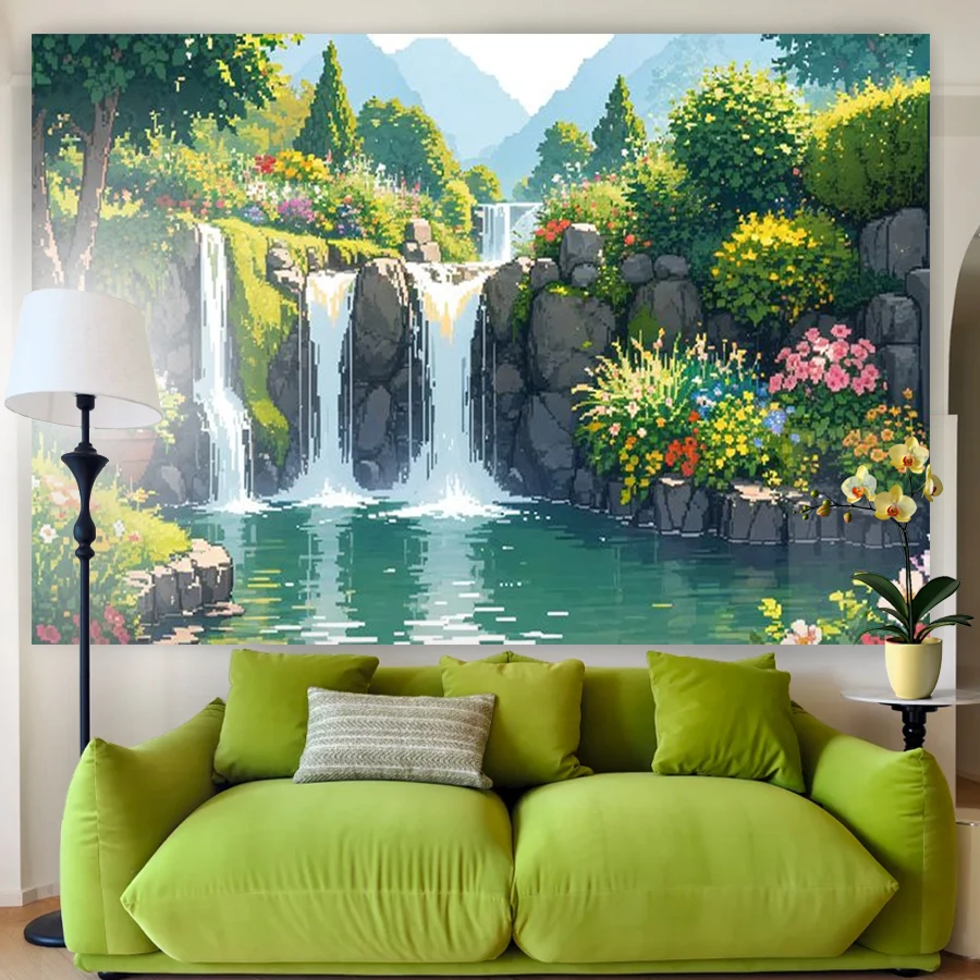 1PC Digital Printed Tapestry Wall Hanging, Pixel Art Garden Waterfall Pond Retro Game Style View, for Living Room Bedroom Decor
