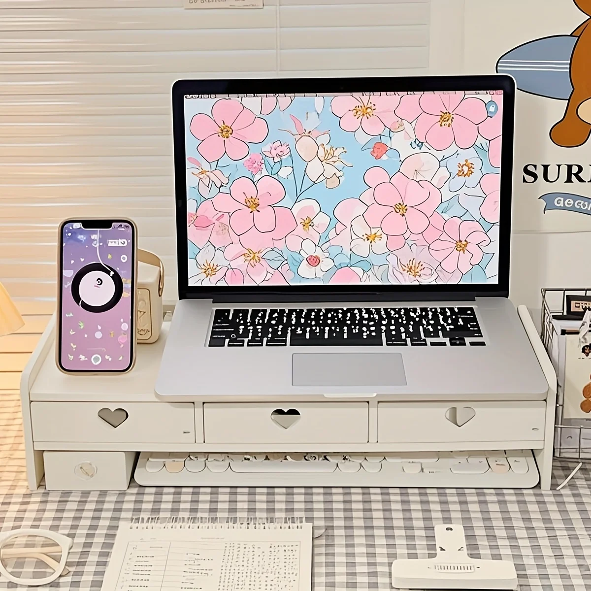 Soporte Moderno para Monitor de PVC Blanco con 3 Cajones, Organizador de Escritorio con Portaplumas, Elevador de Computadora de Ensamblaje DIY para Oficina en Casa