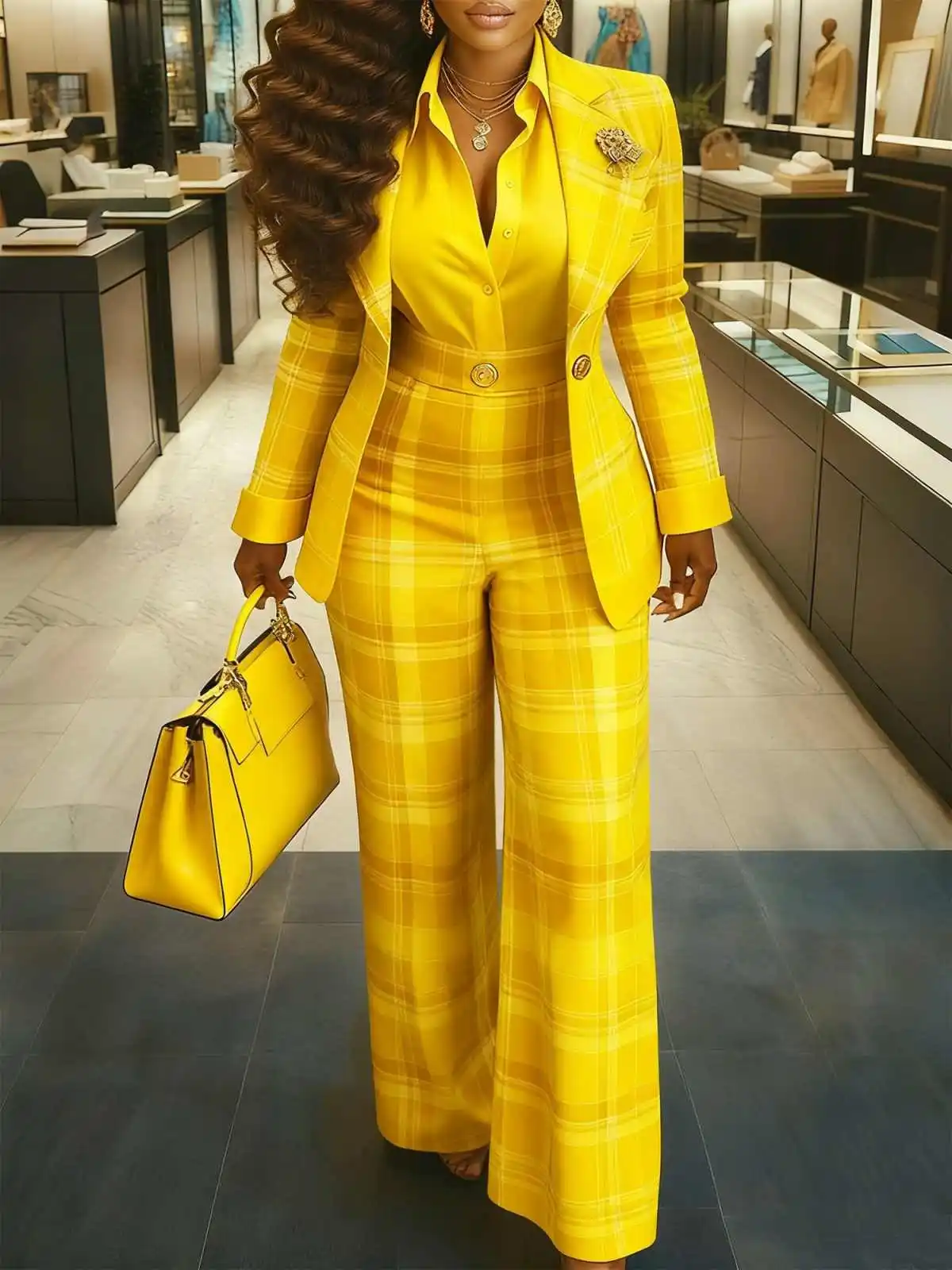 Elegant Grid Women's Suits 2 Pieces Blazer Pant Single Breasted Party Commuter Style Coat Lady Business Customized