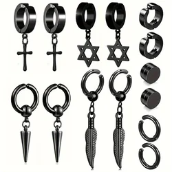 7 Pairs Black Magnetic Stud Earrings, Stainless Steel Clip On Earrings For Men, Fake Cross Dangle Earrings Hoop Ear Clips