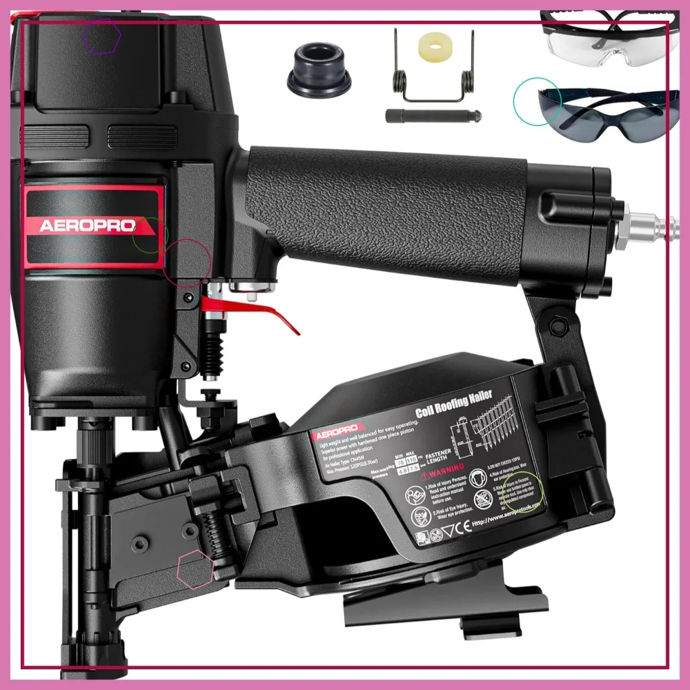 

Heavy-Duty Pneumatic Roofing Nailer for 15 Degree 3/4"-1-3/4" Coil Nails - Professional Roofing Nail Gun for Asphalt Shingles