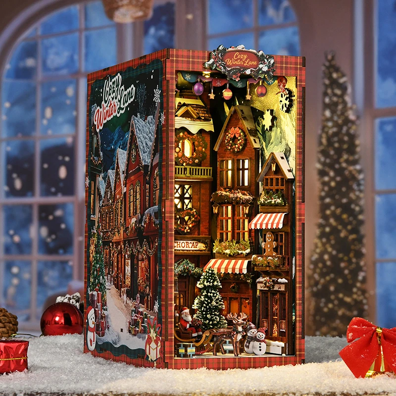 NUOVO libro fai da te Nook kit modello in miniatura in legno fermalibri ad angolo di strada di Natale puzzle 3D con libreria leggera per regali di amici