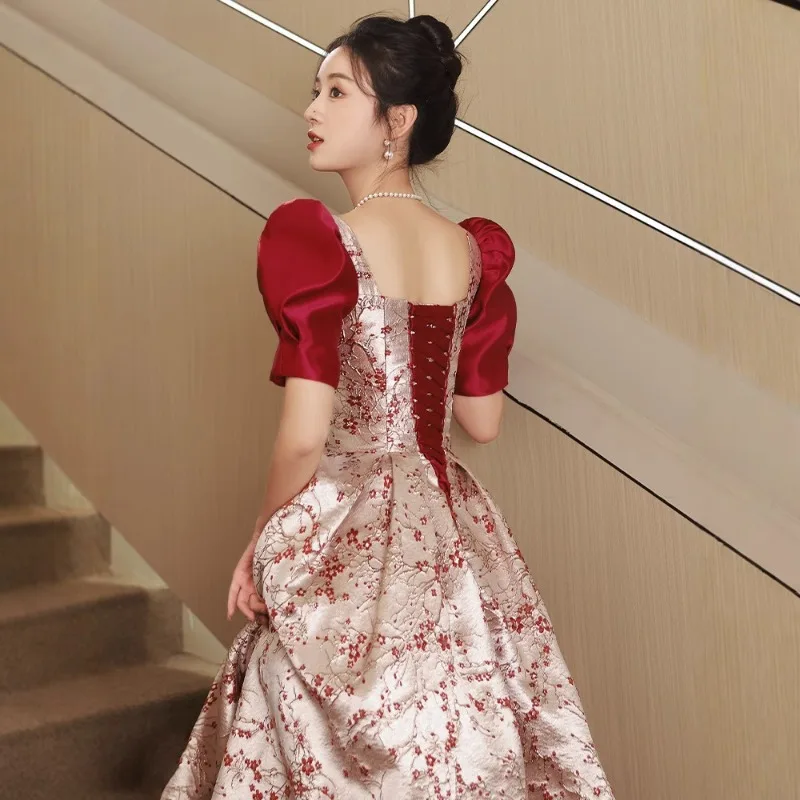 Robe de soirée de mariée rouge vin, manches de princesse, col carré, Toast, Look à la mode, fine, imprimée, bretelles au dos, longue, nouvelle collection 2026