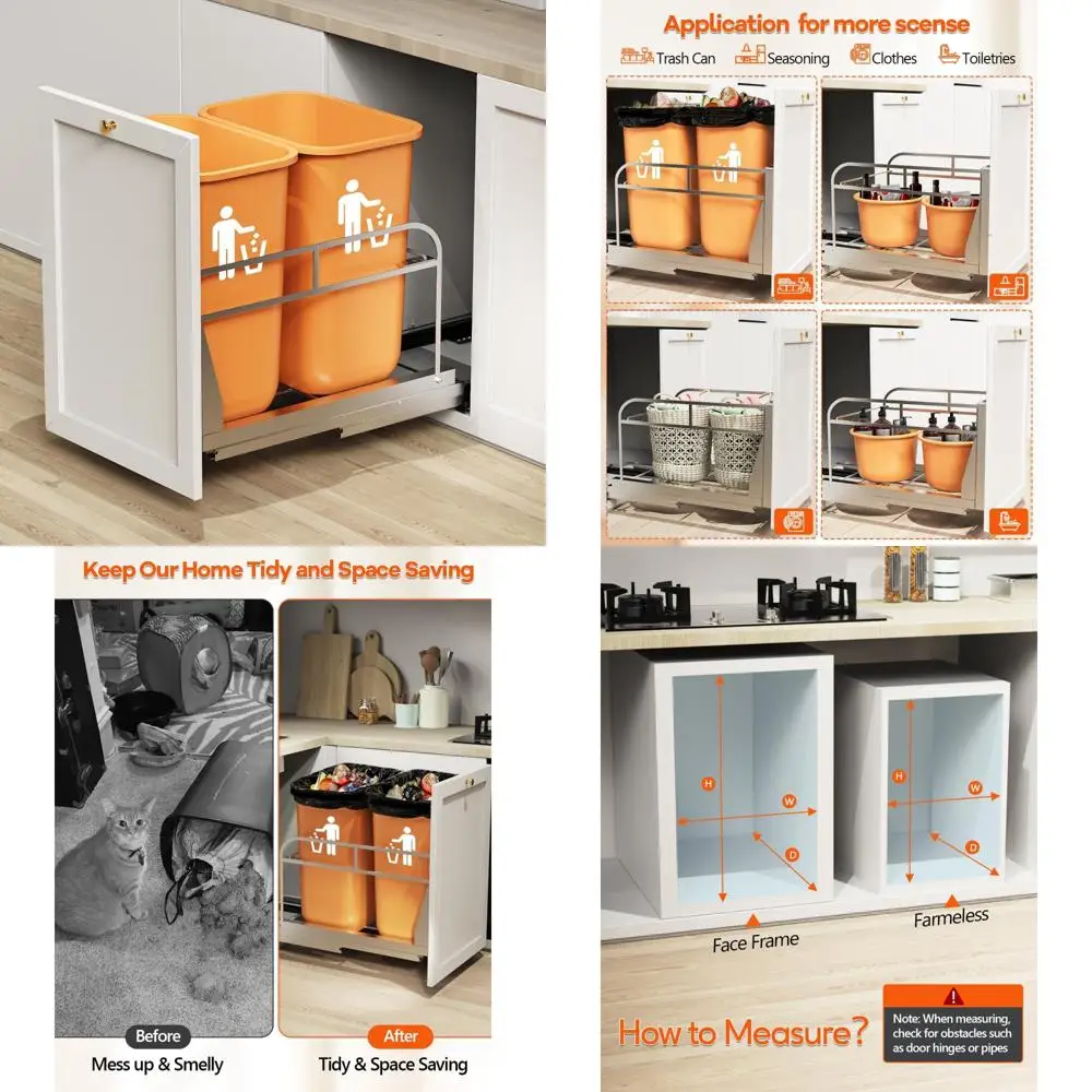 

Dual Pull Out Trash Can Under Cabinet, Heavy Duty Slide Out Garbage Can Kit for Kitchen, Sink, Drawer -Trash Bin Not Included, R
