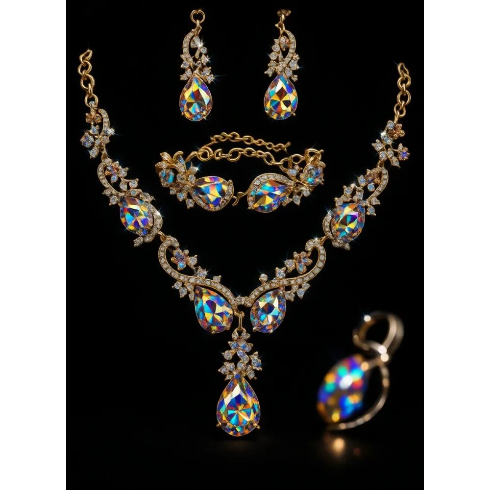 

Свадебный ювелирный набор: колье с кристаллами в форме слезы, серьги-подвески, браслет