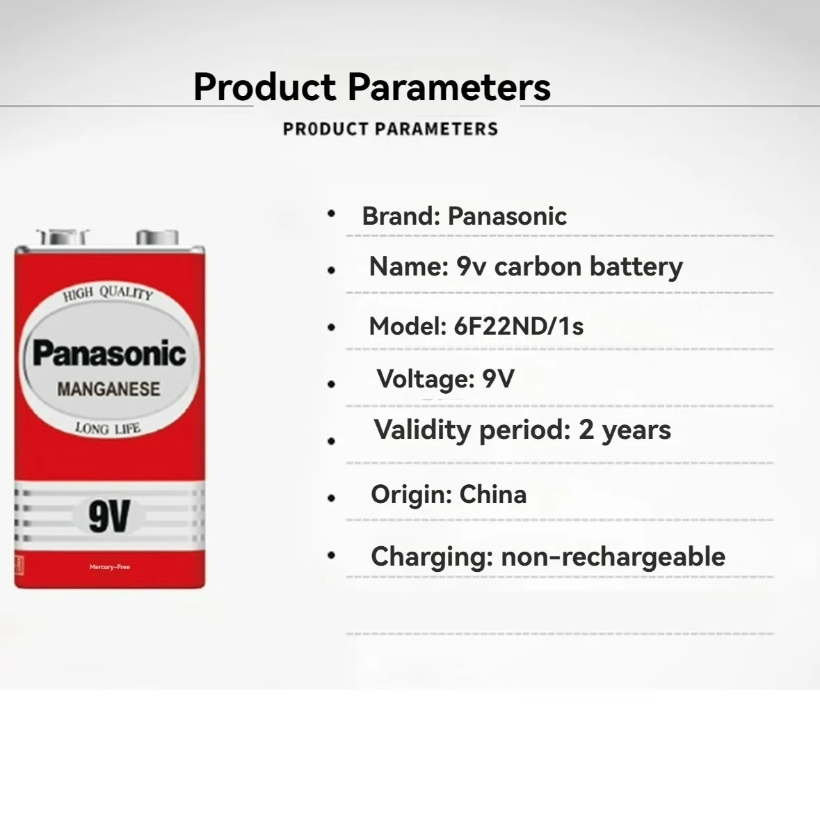 Panasonic 9V 6F22 Alkaline Battery for Alarm Wireless Microphone Mercury Free Long working life