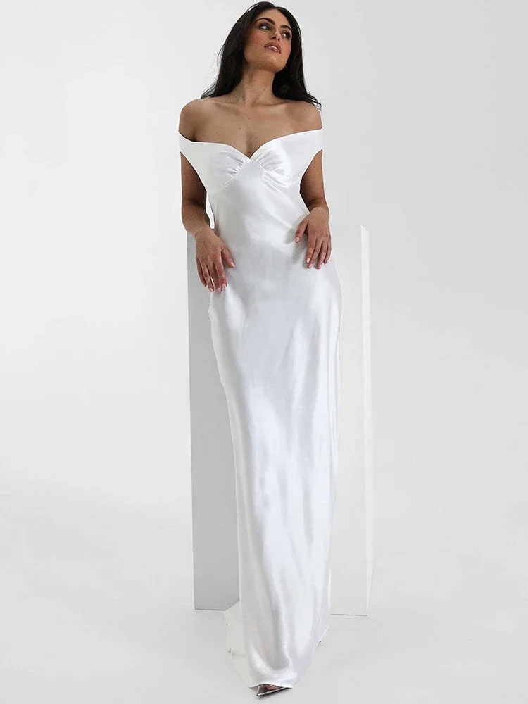 Chaxiaoa cetim fora do ombro sem costas sexy maxi vestido feminino moda sem alças sem mangas cintura alta clube festa vestidos longos