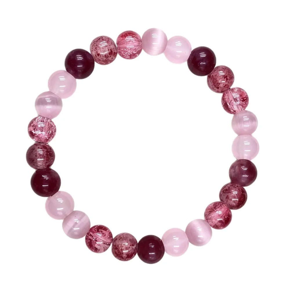 Natural Stone Dark Pink Cat Eyes Stone Strand Bracelet Women Simple Jewelry Gifts Round Bead Elastic Rope Bracelet For Girls