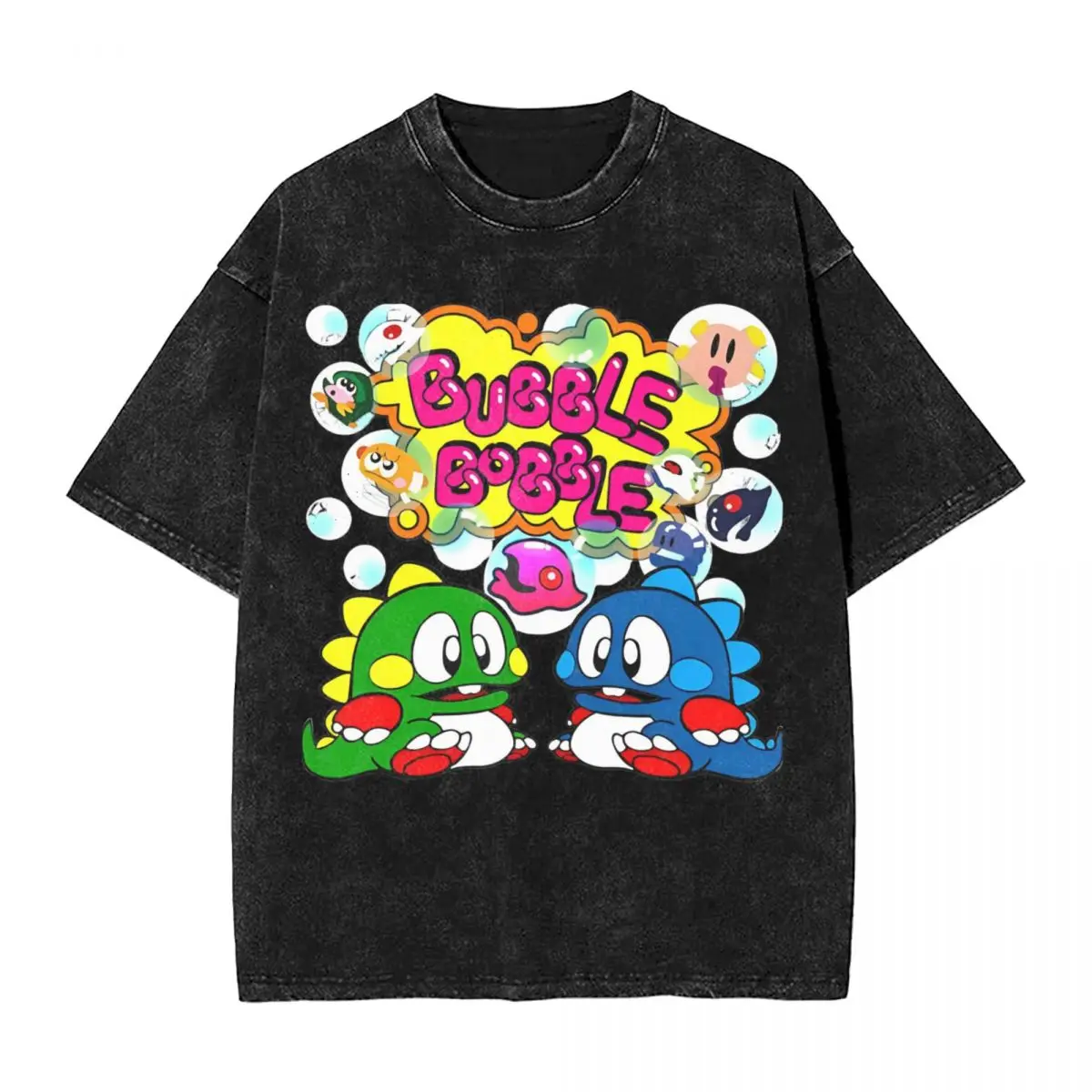 Oversized Washed T Shirt Bubble Bobble Classic Game Cotton T-Shirts Fashion Tee Shirt for Male Summer Y2K Retro Pattern Top Tees