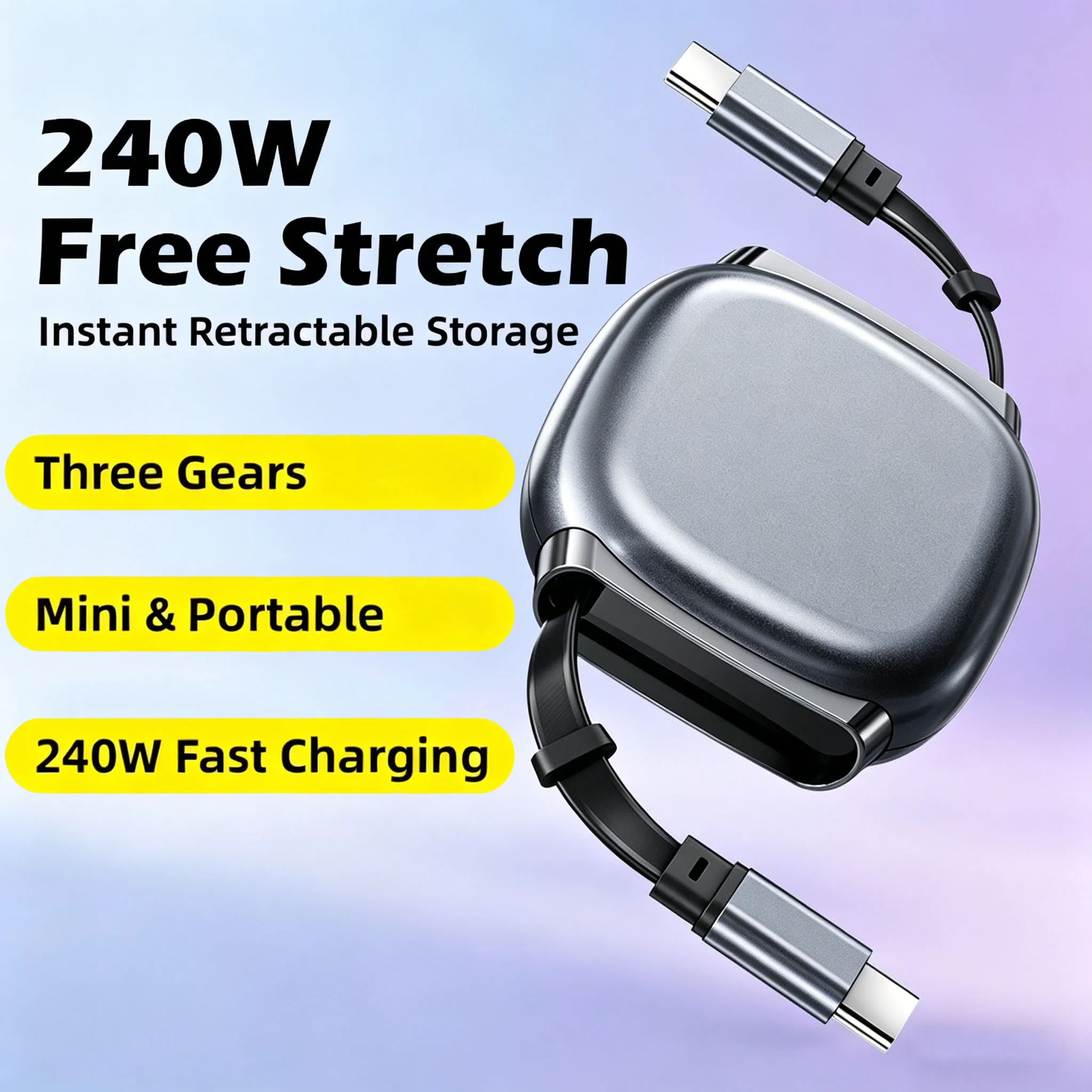 Vyvylabs Upgraded 240W USB C to USB C Fast Charging Cable Retractable Type-C Cable for iPhone 17 Huawei Samsung PD3.1 Data Cable