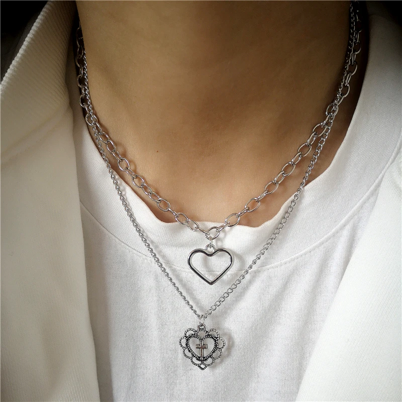 Kpop Goth Silver Color Heart Cross Pendant Chain Necklace For Women Men Egirl Y2K Cool EMO Punk Aesthetic Grunge Jewelry Gifts