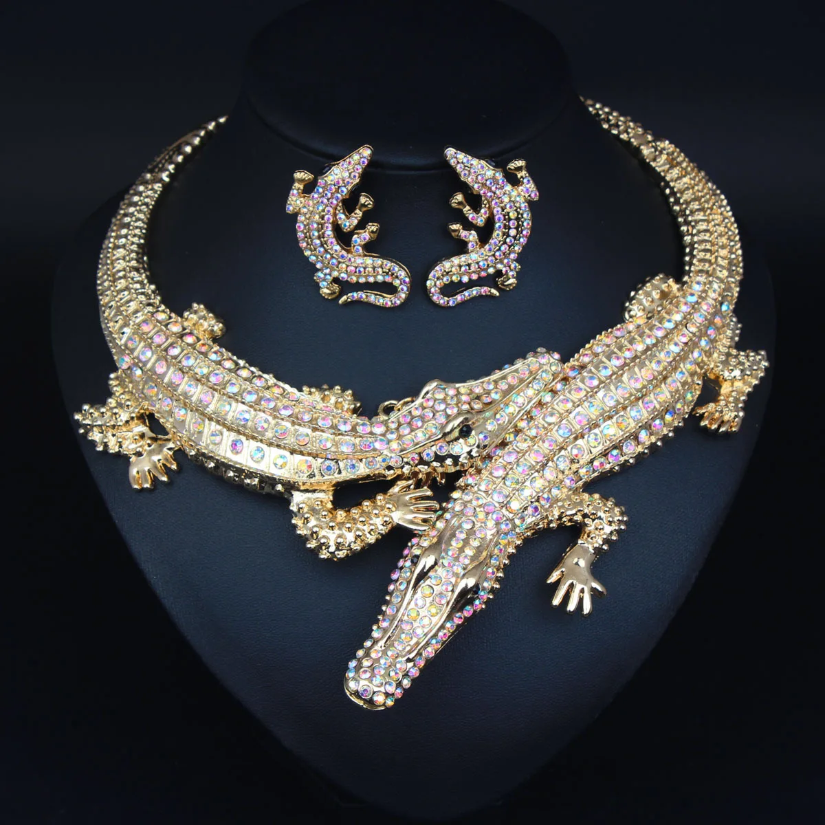 Domineering Exaggerate Crocodile Shape Jewelry Set Fill Rhinestone Animal Necklace Crocodile Earrings Bar Party Jewelry Set