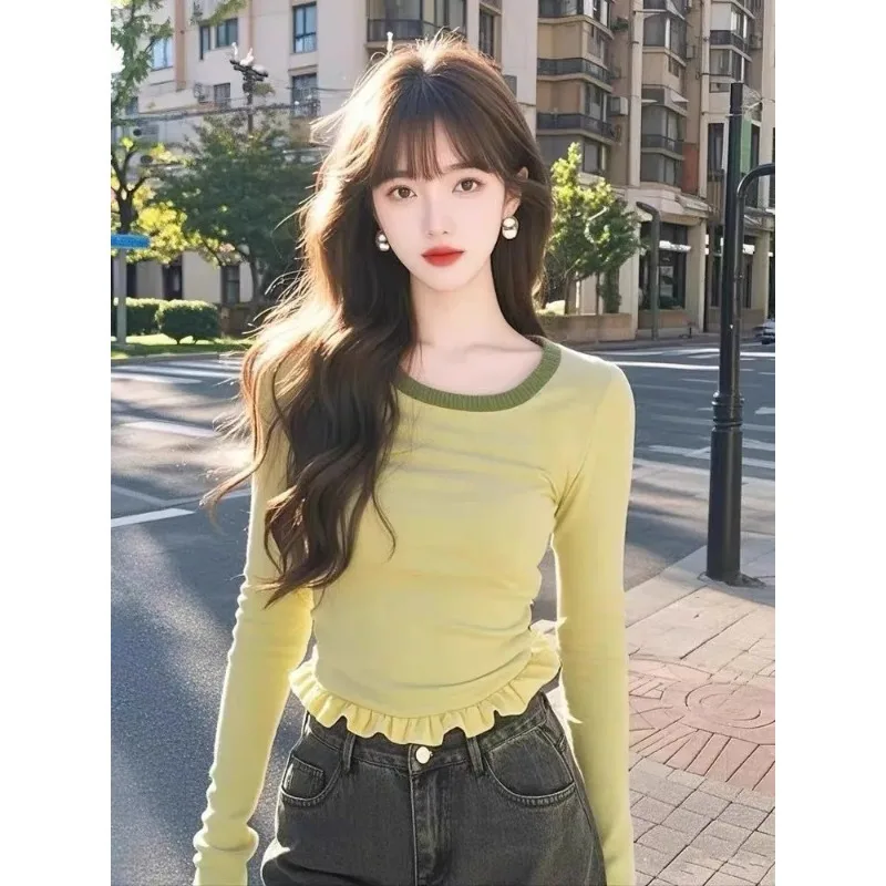 الخريف D الشتاء شيك الفطريات هيم سليم قصيرة قاع قميص للنساء تي شيرت بأكمام طويلة تيز مذهلة