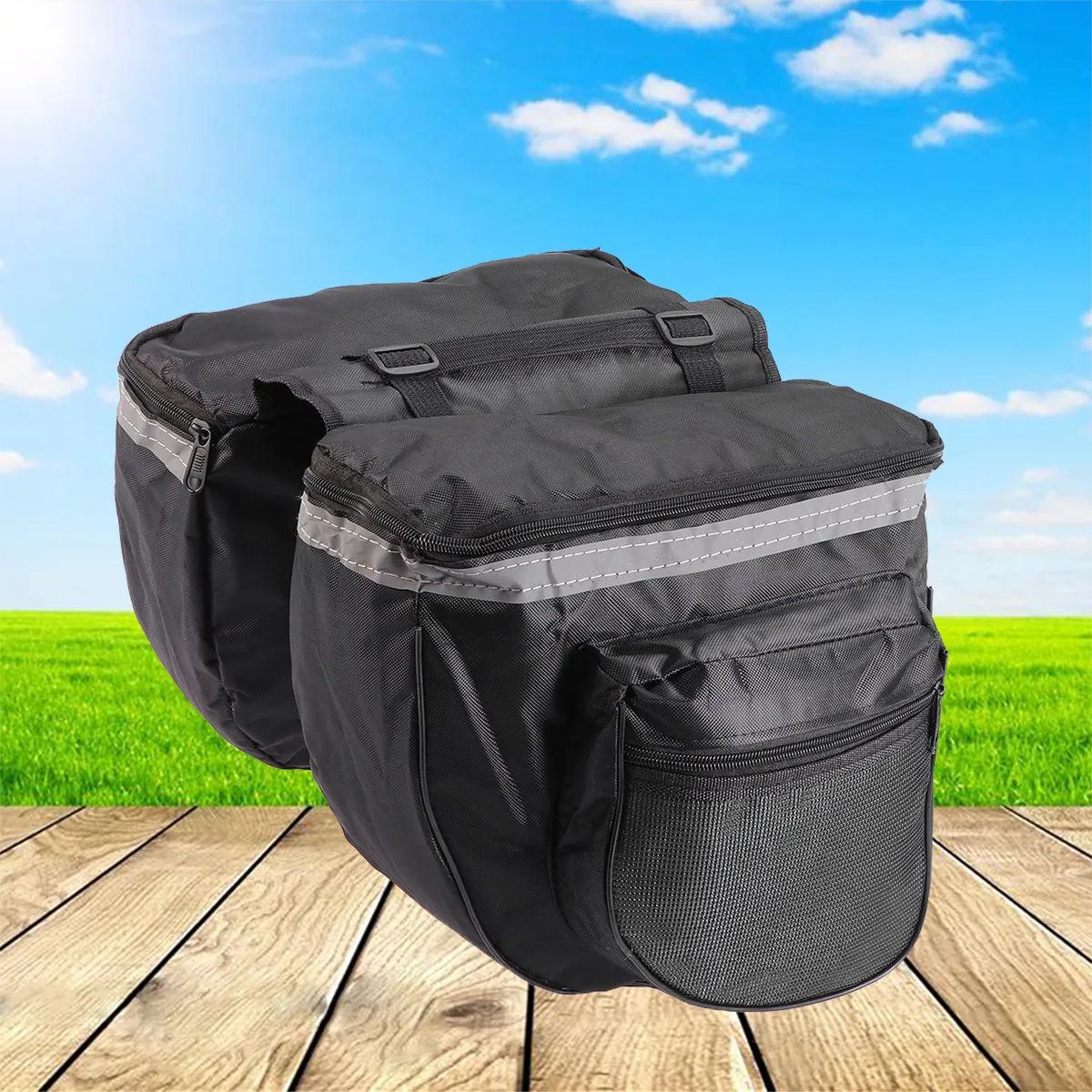 

Rear Bicycle Bag Double Packing Black PVC Waterproof Pannier with Side Zipper Pocket Large Compartment for Clothes Water Bottle