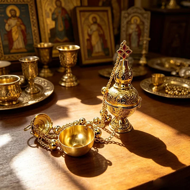 New 2026 Ornate Gold Tone Orthodox Censer Incense Burner with Chain for Church Altar Prayer and Religious Ritual Ceremonies