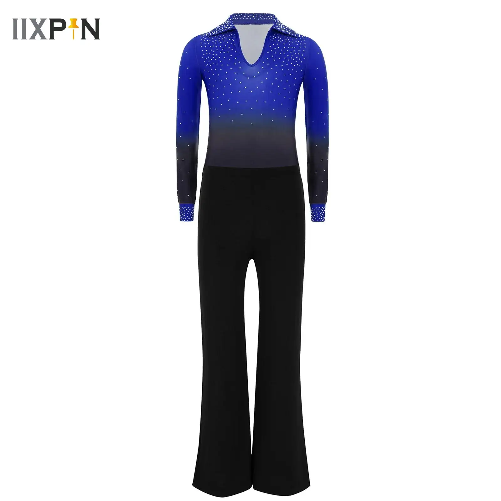 

Kid Gymnastics Jersey Figure Skating Bodysuit for Boys Long Sleeve Rhinestones Latin Ballroom Tango Dance Leotard with Pants Set