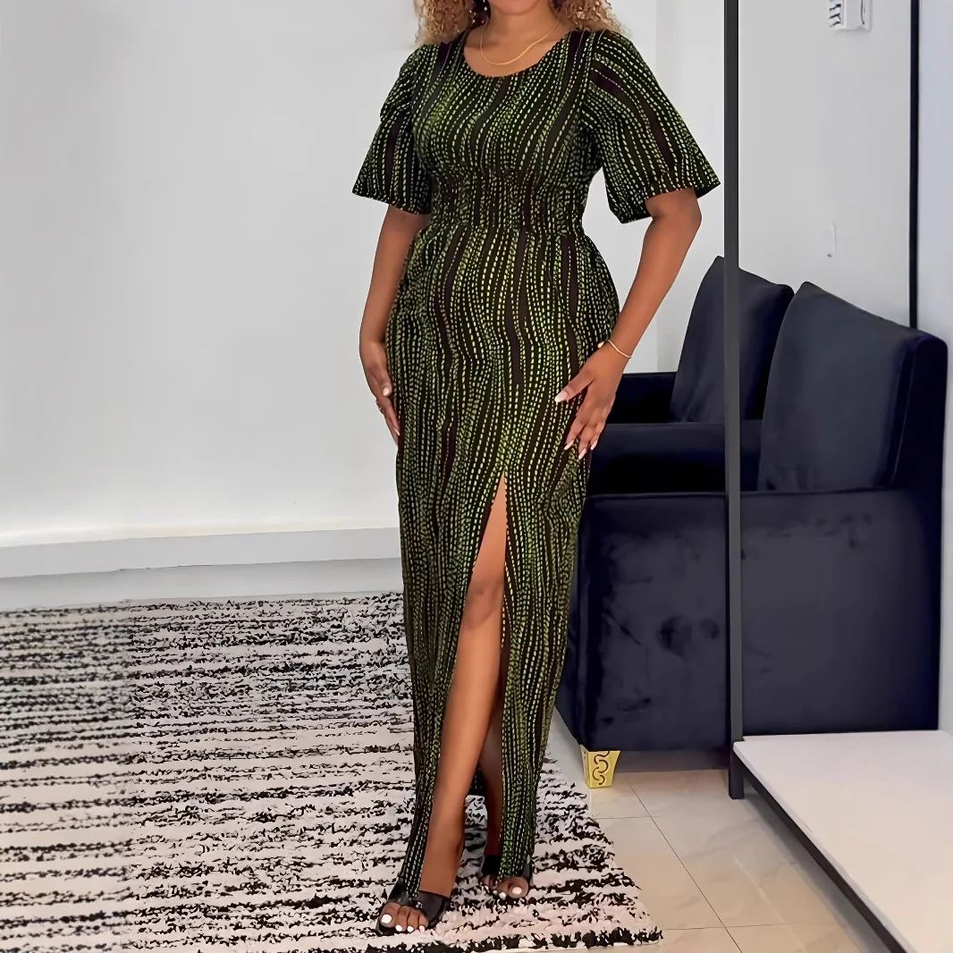 

Long Dress Women Dresses High Waist Print Vestidos Streetwear V Neck Short Sleeve Elegant Night Y2k Work Party Slim Fit 2025