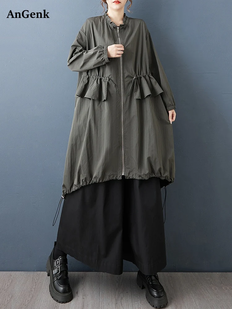 

Oversized Black Vintage Trench Coat For Women New Drawstring Ruffles Zipper Casual Loose Outerwear Cardigan Spring Autumn 2025