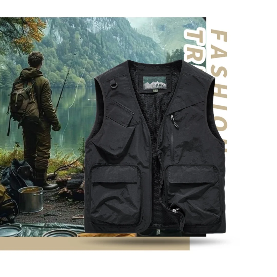 

Новинка 2025 года, модный мужской жилет, однотонная тонкая свободная куртка без рукавов с несколькими карманами, уличная одежда, жилет для рыбалки, жилет больших размеров