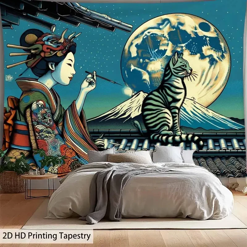 

VIKAMA Japanese Ukiyo-e Geisha & Cat Tapestry, Mount Fuji Full Moon Wall Hanging for Bedroom Living Room Home Decor
