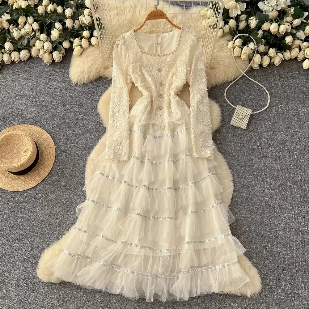 Elegant Hollow Out Embroidery Cascarding Princess Dresses For Women Long Sleeve High Waist Patchwork Mesh Prom Dress Female