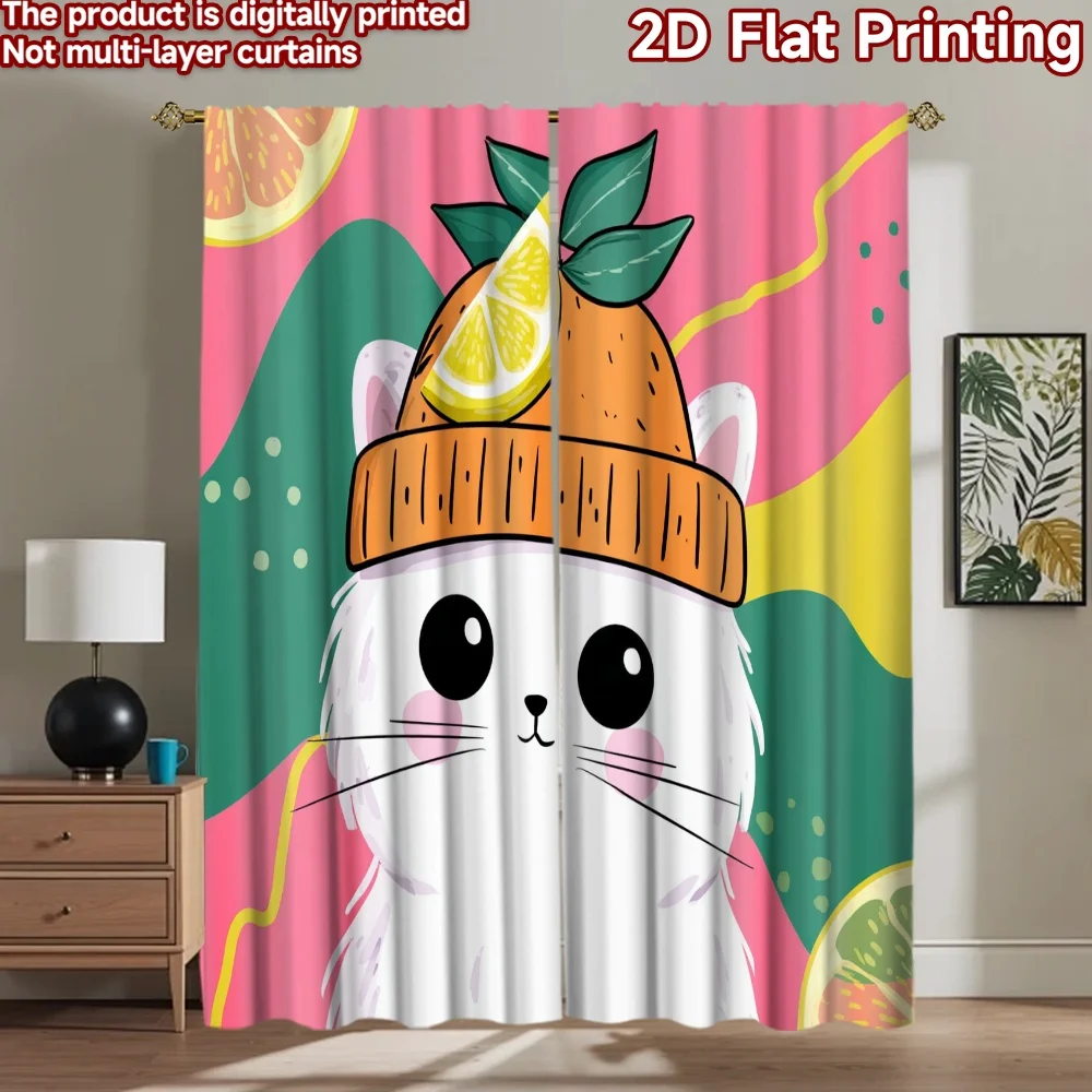 

2D flat printing 2pcs Curtains Cute Cat Orange Slice Digital Printed Polyester Drapes Seasonal Party & Holiday Decor for Home &