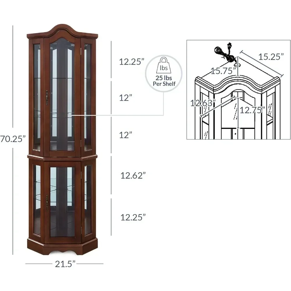 

Lighted Corner Display Curved Top Curio Cabinet Wooden Shelving Unit with Tempered Glass Door, Bar and Liquor Storage Area