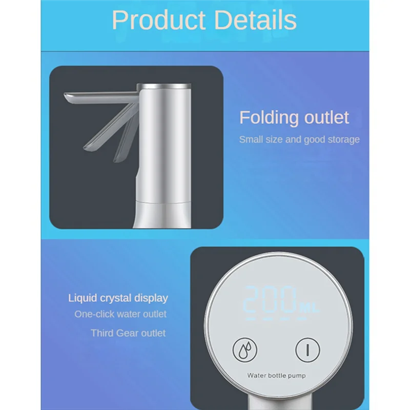 Pompa per bottiglia d'acqua Dispositivo di aspirazione dell'acqua pieghevole elettrico USB per uso domestico Pompa dell'acqua per erogatore d'acqua per bottiglia da 5 galloni,A