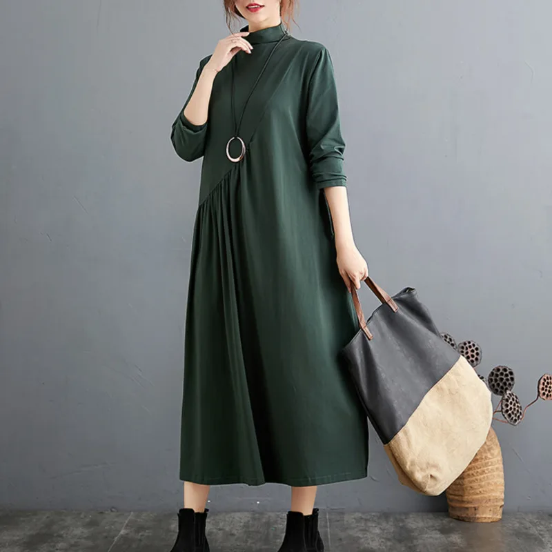 #3458 Spring Autumn Turtleneck Long T Shirt Dress Women Loose Asymmetrical A-line Dress Female Split Joint Pleated Vintage Midi