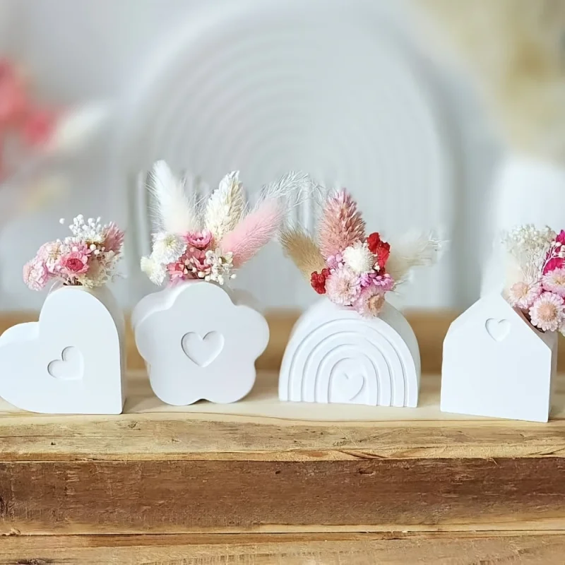 

4Pcs Vase Silicone Mold Set with Rainbow, House, Heart, and Flower Designs for Plaster and Epoxy Resin, DIY Home Decor Gift