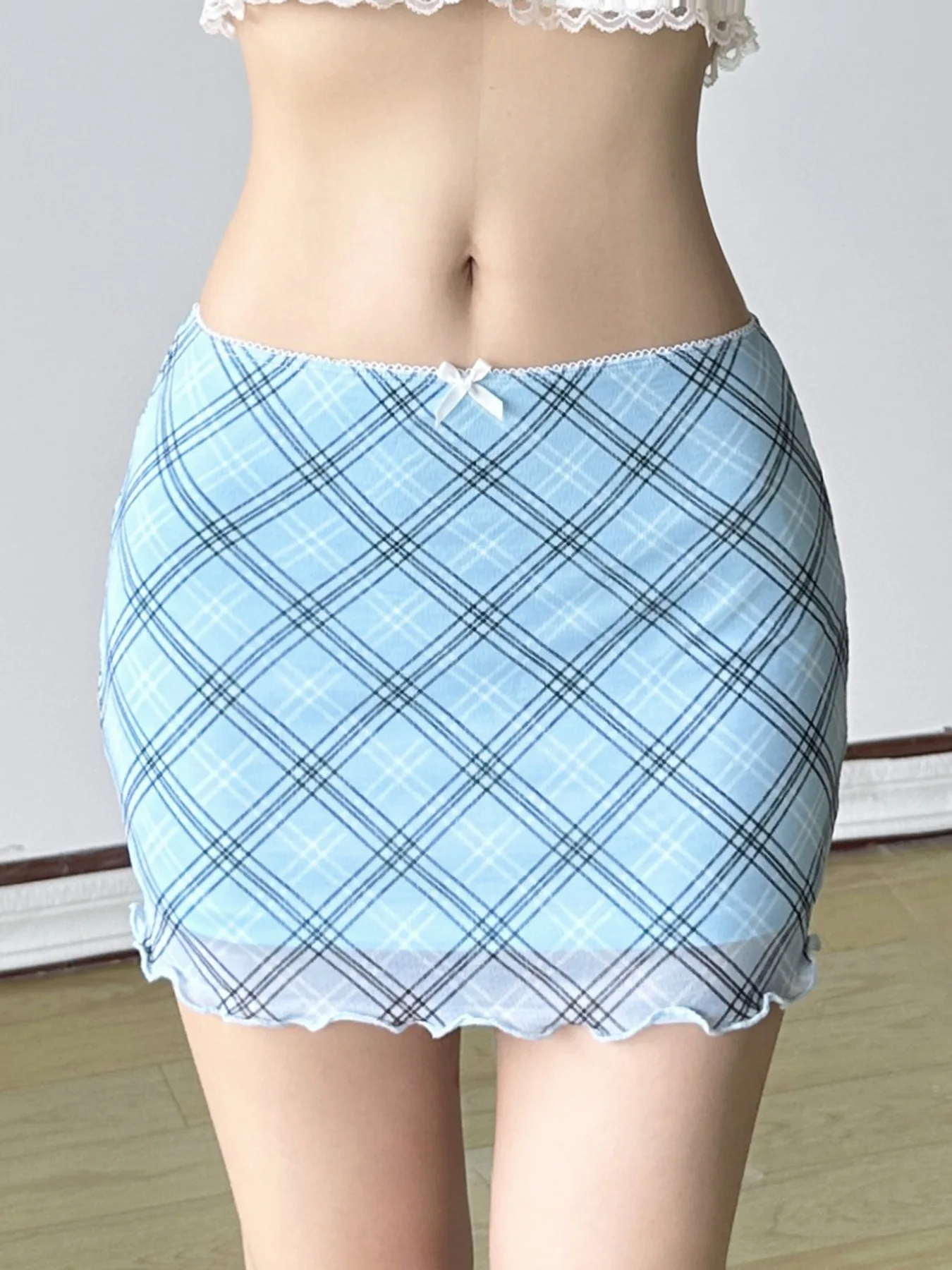 

Summer fresh blue plaid fungus edge slim fit mesh wrapper hip short skirt women