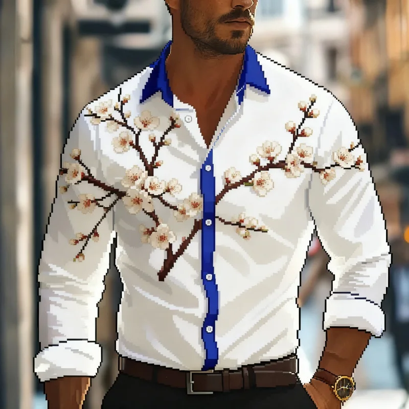 2026 New Men Elegant Lavender Floral Vertical Striped Print Shirt Lapel Collar Long Sleeve Button Up Slim Fit Business Casual Dr