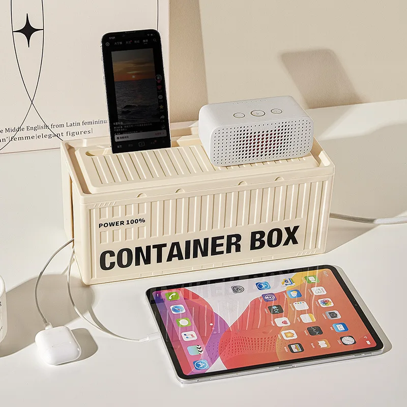 Cable Management Box - Multi-Function Power Strip Organizer with Side Cable Holes, Phone Stand & Storage Lid for Desk/Office