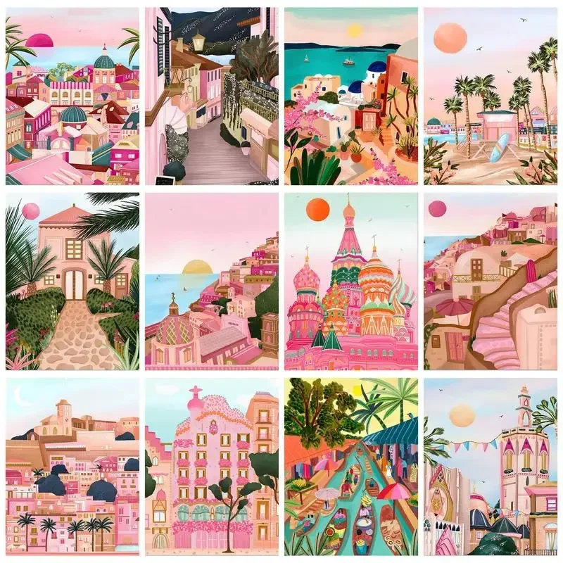 

613930 Numbered Step By Step Anime Painting Pink Illustration Scenery Abstract Pictures By Numbers Painting Decor