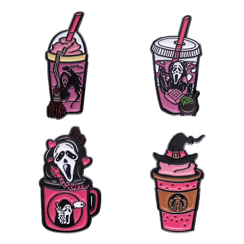 Halloween Skull Brooch Cartoon drink Milk tea cup Horror themed metal badge Accessory pins wholesale Gift to friends