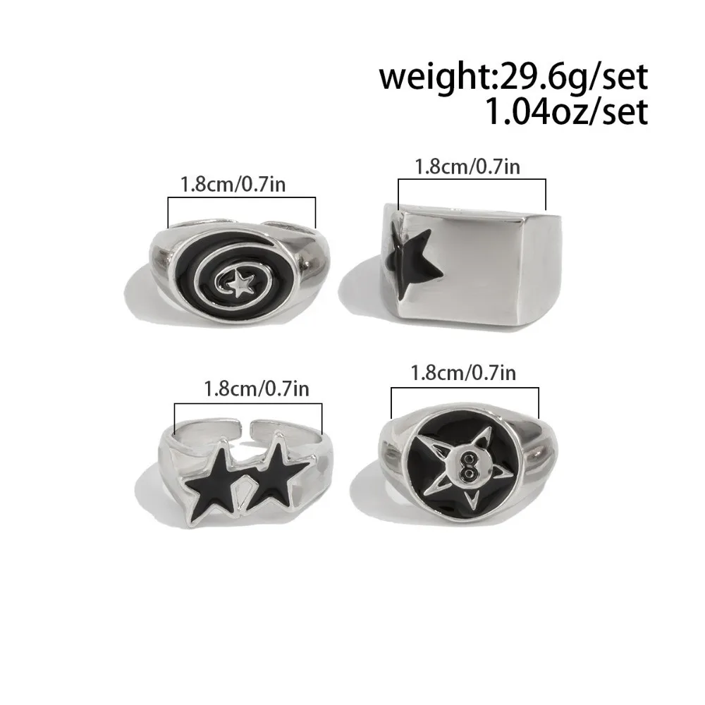 4pcs Irregular Design Geometric Open End Rings Black Five-Pointed Star Geometric Thick Stainless Steel Rings Vintage Knuckle