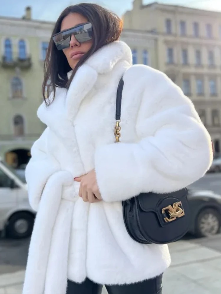 Winter Fur Coat, Imitation Rabbit Fur Coat, Suit Collar with Thickened Waistband, Solid Color Plush Warm Coat for Women