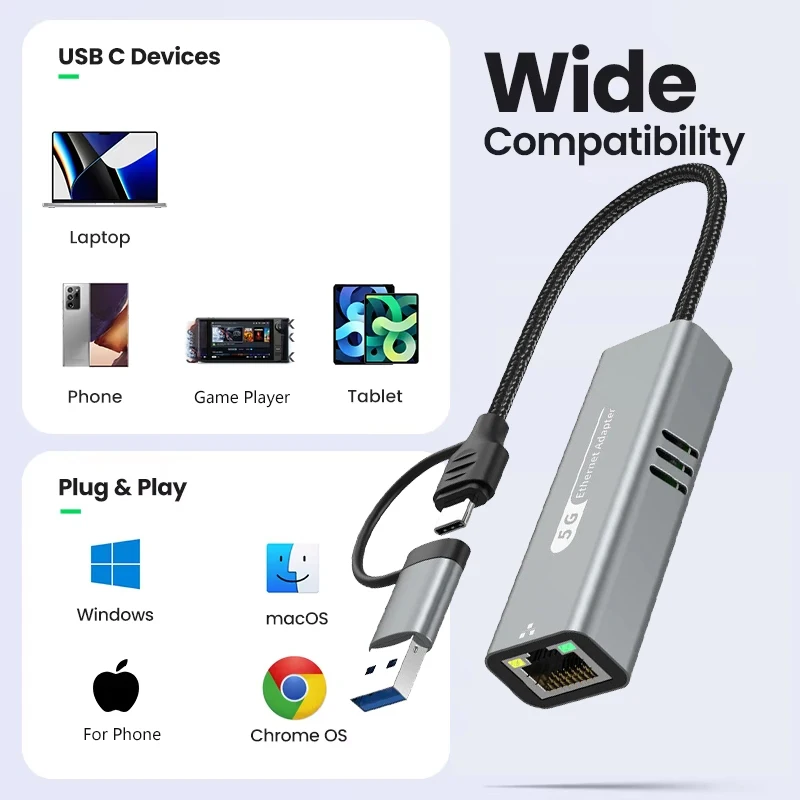 Adaptador ethernet usb 3.2 tipo c 5000mbps usb a para placa de rede rj45 para laptop macbook samsung ipad usb ethernet gigabit