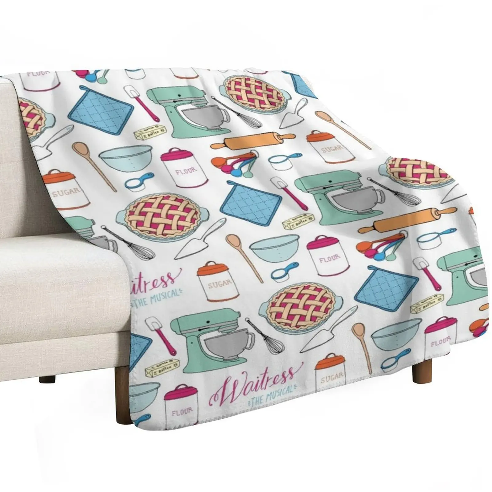 Waitress the Musical cherry pie print, mixer, sugar, butter, flour - Broadway, West End Throw Blanket