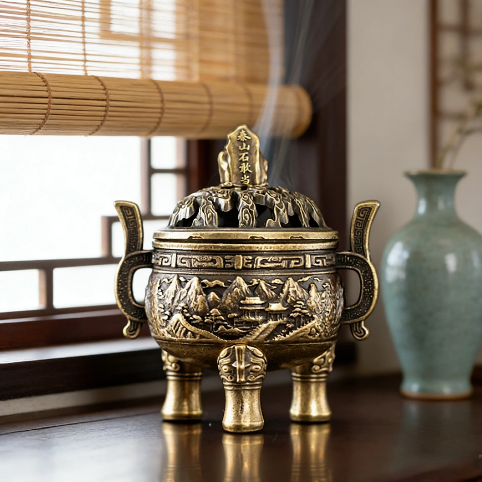 Quemador de Incienso Tradicional Chino de Piedra Taishan | Incensario de Latón Antiguo con Asa con Grabados de Montañas, Decoración para Yoga, Meditación y Hogar