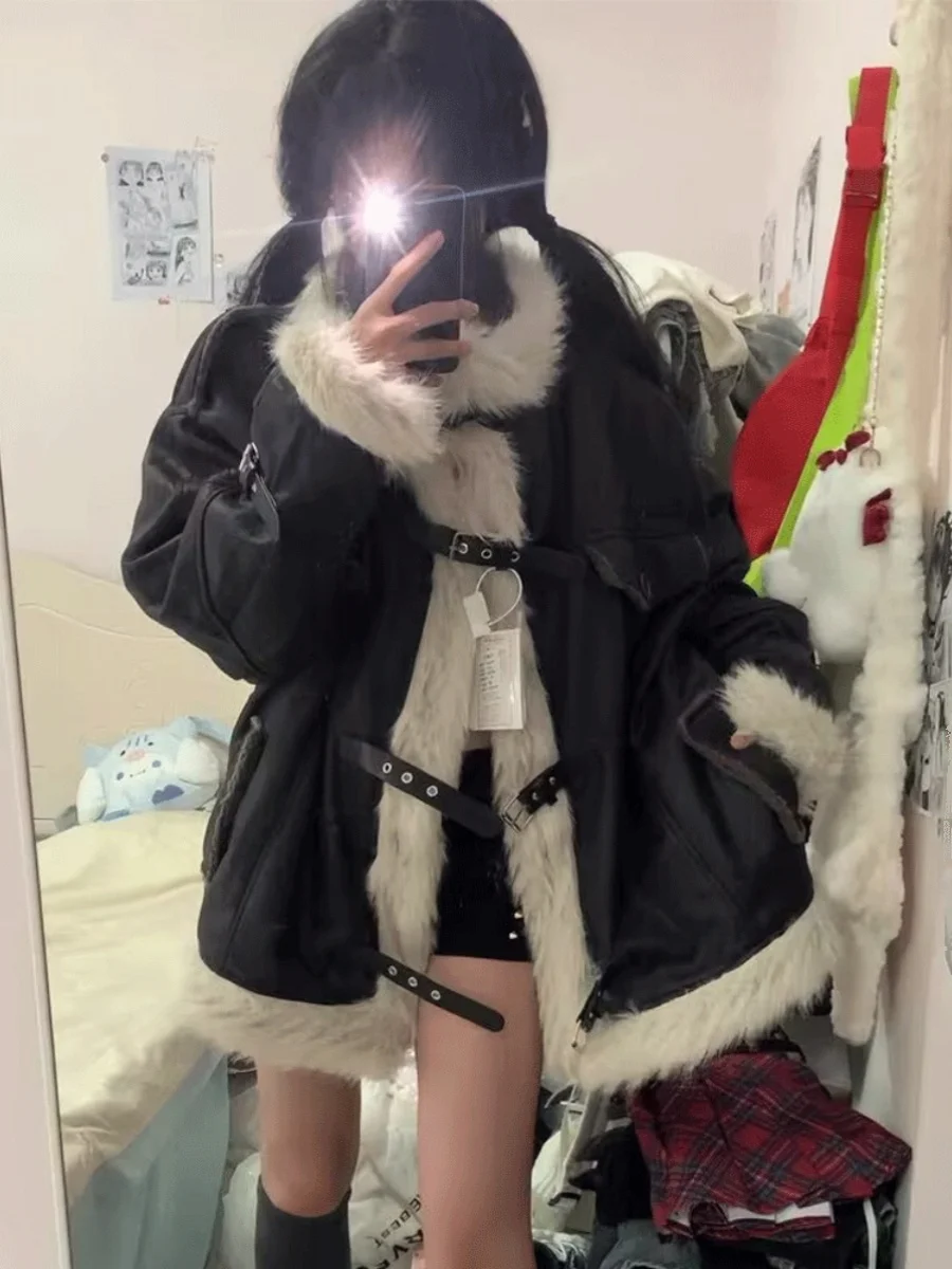 

Miss Gong American Retro Fce Lined Thi Lamb Fur Jaet Motorcycle Clothes Outerwear Women Autumn Winter Cotton...