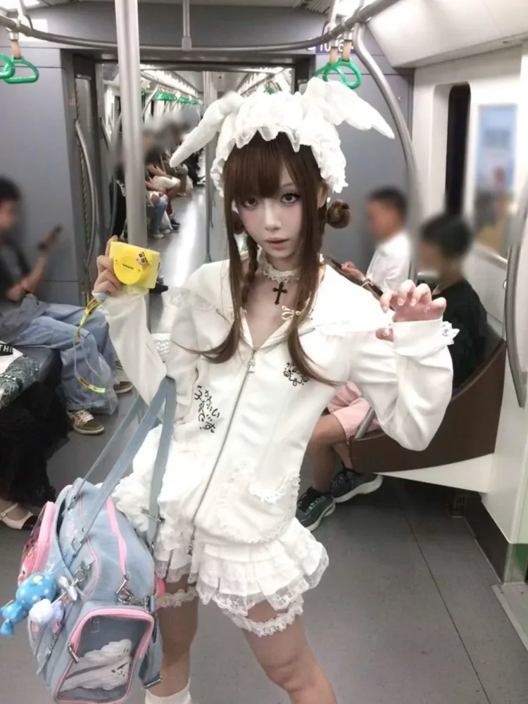 

Новые японские милые кавайные комплекты из двух предметов, кружевная толстовка с капюшоном, куртка + Y2k трапециевидной формы с высокой талией, юбки-торты, осенние наряды