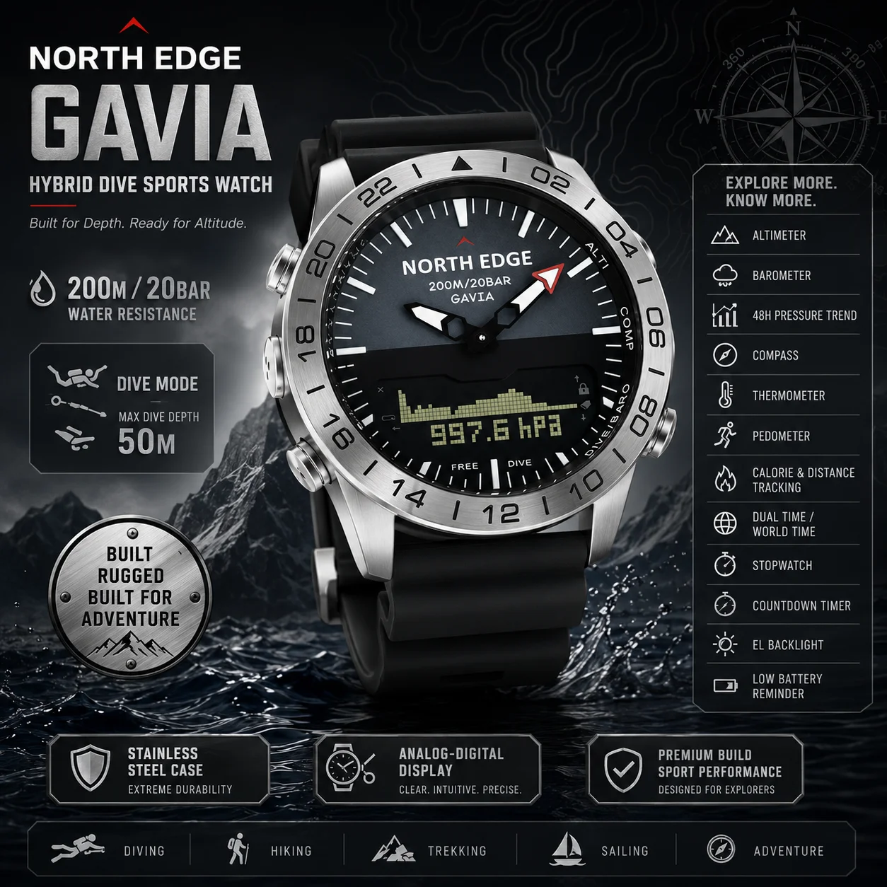 Smartwatch Army Watches For Men - NORTH EDGE Mens Dive Watch Military