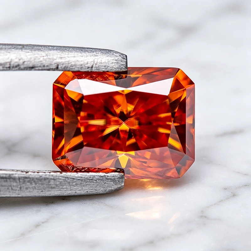 Moissanit-Stein im Radiant-Schliff, orange Farbe, im Labor gezüchteter Edelstein für DIY-Anhänger und Schmuckherstellung, besteht den Diamanttester mit Zertifikat. – Detail 5